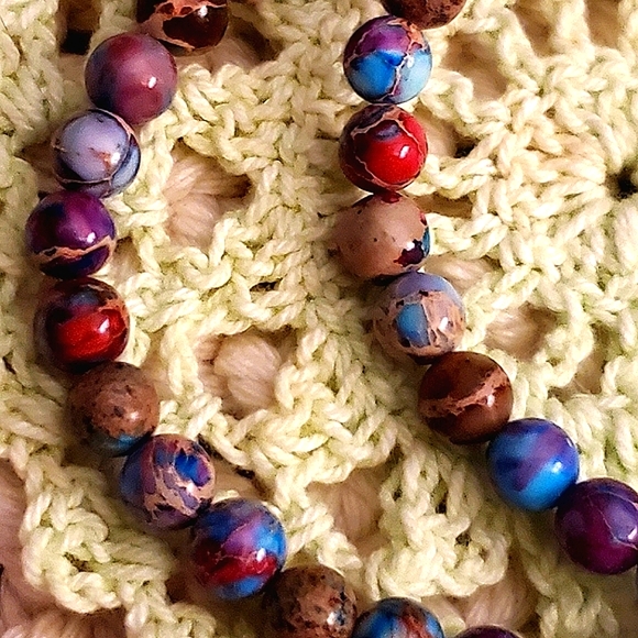 Set of 2 handmade Sea Sediment Jasper Turquoise natural stone bead bracelets. - Picture 2 of 6